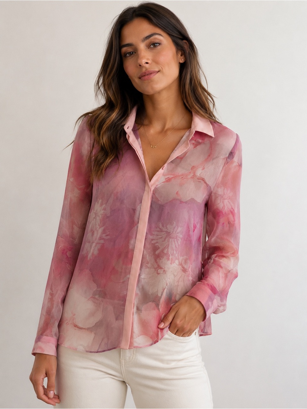 Ted Baker Pink Watercolor Floral Sheer Button-Down Blouse size 8 ( Ted size 3)